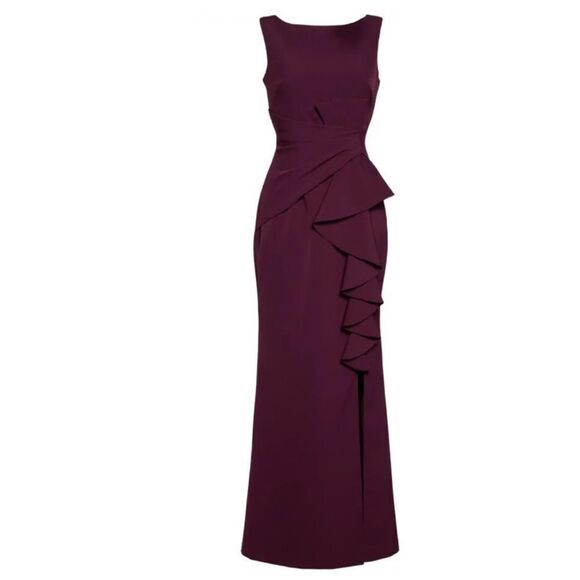 ELIZA J CASCADING RUFFLE Front PLEATED Waist EVENING GOWN Wine size 2 NWT $188 - Picture 6 of 6